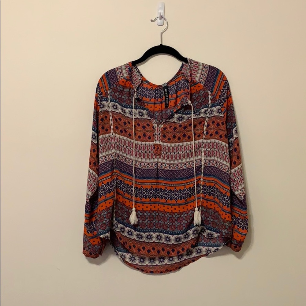 Patterned Red Orange and Teal Long Sleeved Top